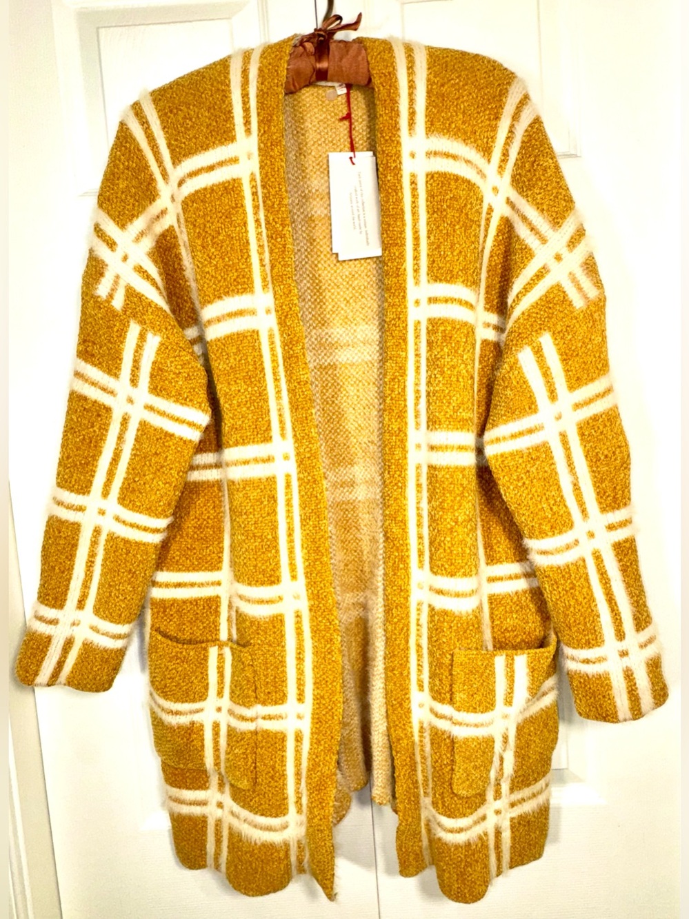 Solitaire Anthropologie Plaid Long Cardigan Mustard Cream NWT Size M